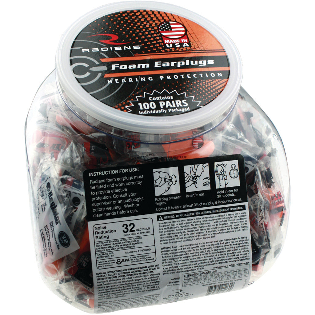 Radians Resistor 32 Foam Ear Plugs Uncorded Orange 100 pr. Jar