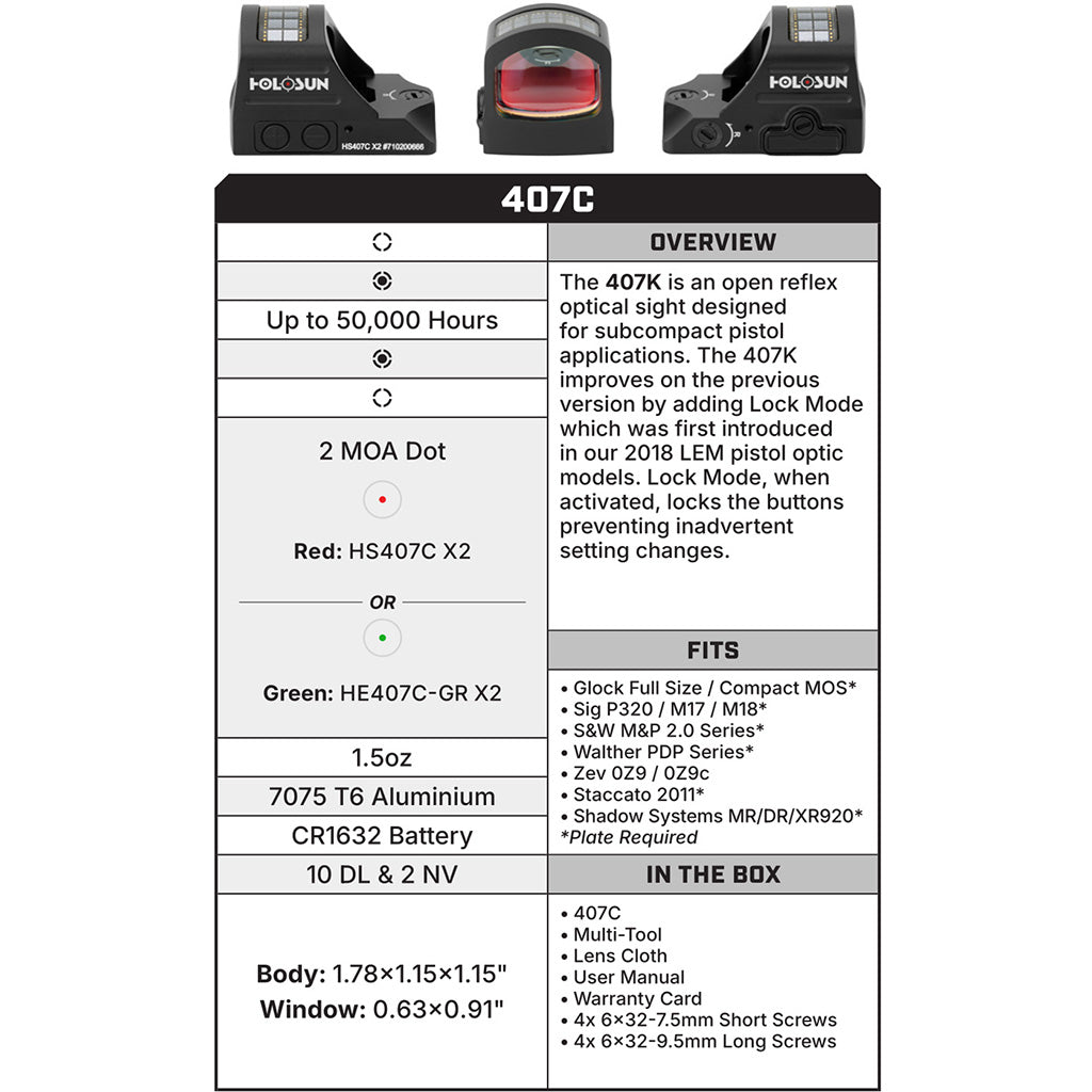 Holosun HS407C-X2 Reflex Sight Red Dot 2MOA