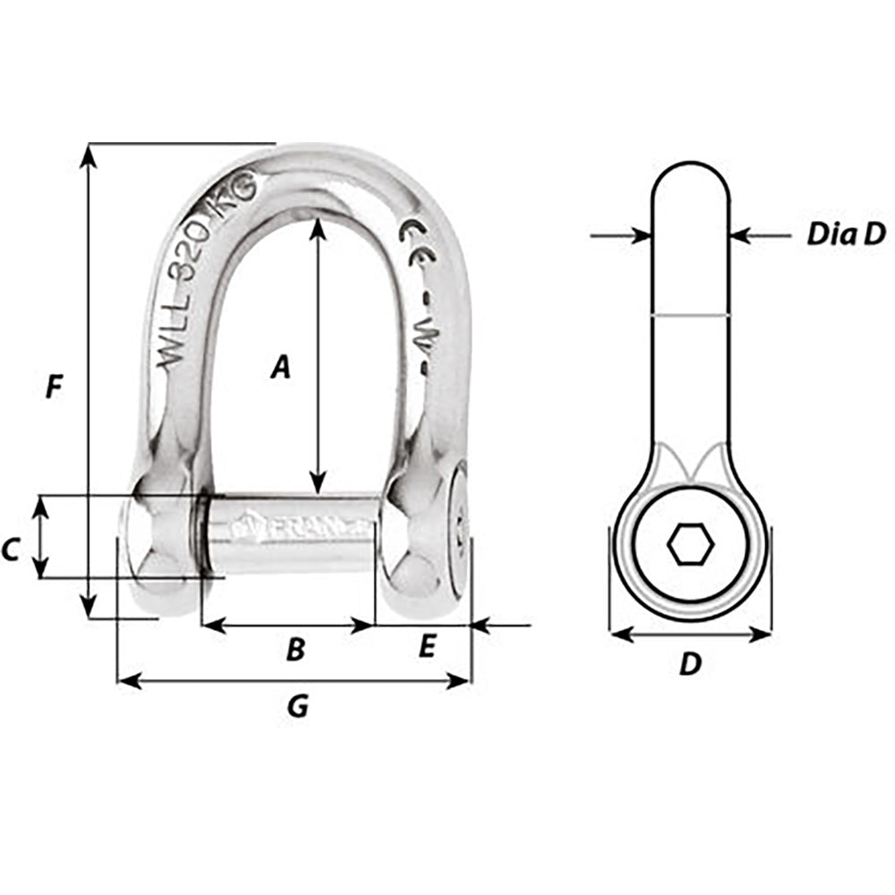 Wichard Self-Locking Allen Head Pin D Shackle - 6mm Diameter - 1/4" - image 2