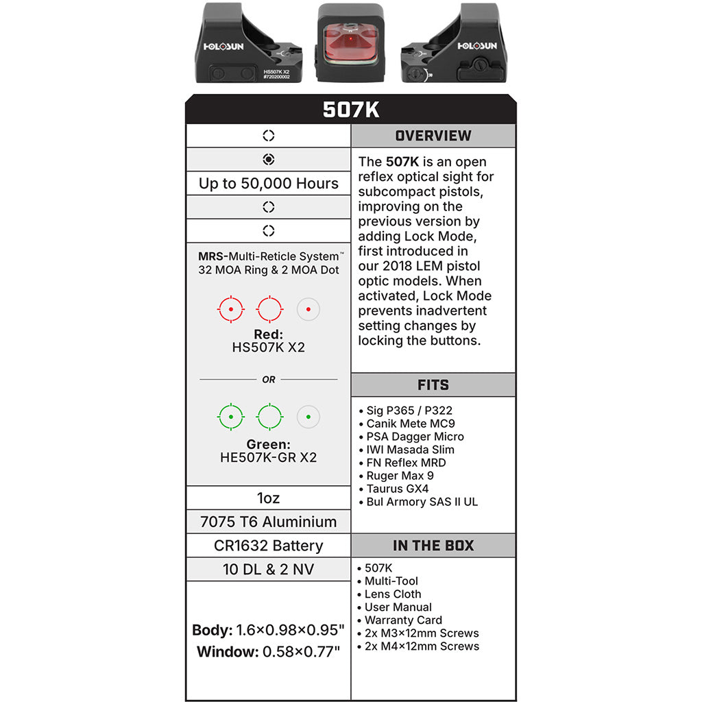 Holosun HS507K-X2 Reflex Sight Red Dot 2MOA and 32MOA Circle