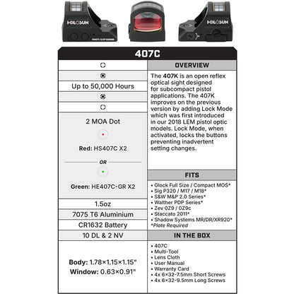Holosun HE407C-GR-X2 Reflex Sight Green Dot 2MOA
