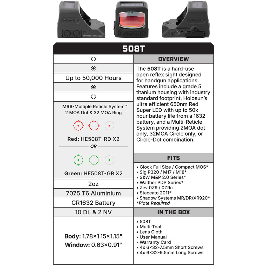 Holosun HE508T-RD-X2 Reflex Sight Red Dot 2MOA and 32MOA Circle