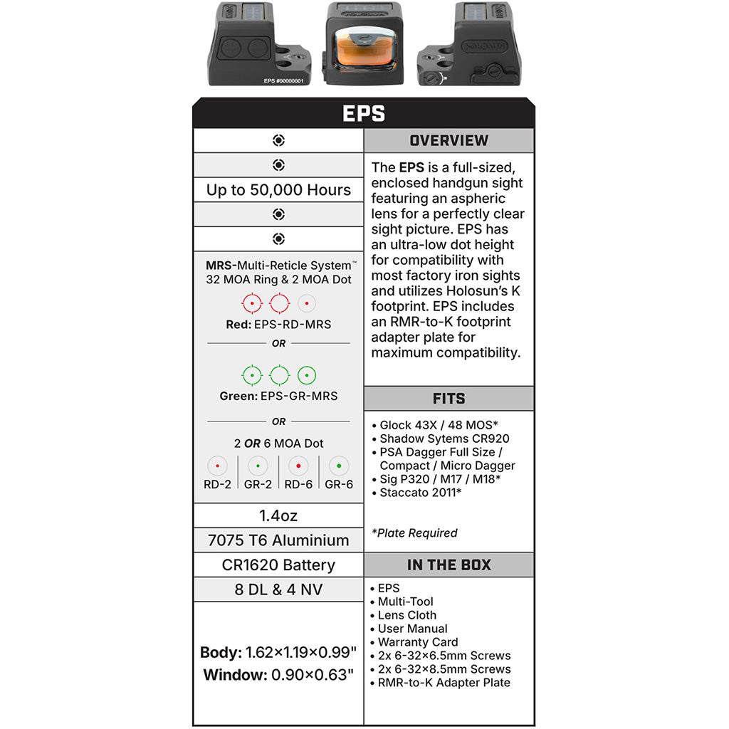 Holosun EPS MRS Enclosed Pistol Red Dot Green 2 MOA Dot 32 MOA Circle