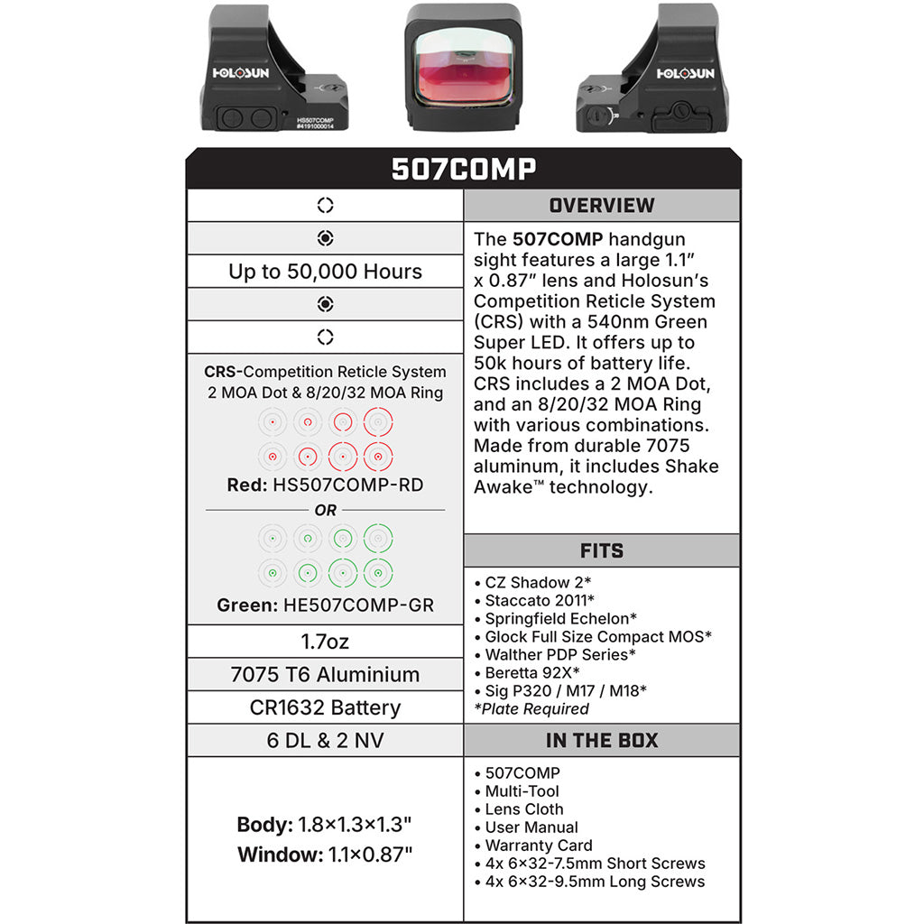 Holosun HS507 Competition Reflex Sight Red Dot 2MOA and 32MOA Circle