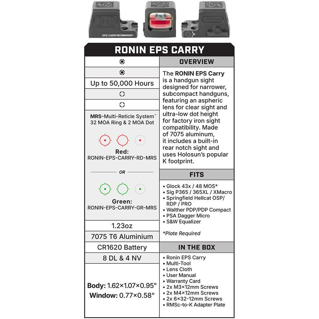 "Holosun Ronin EPS Carry MRS Enclosed Sight Green Multi-Reticle w/Solar, Shake Awake"