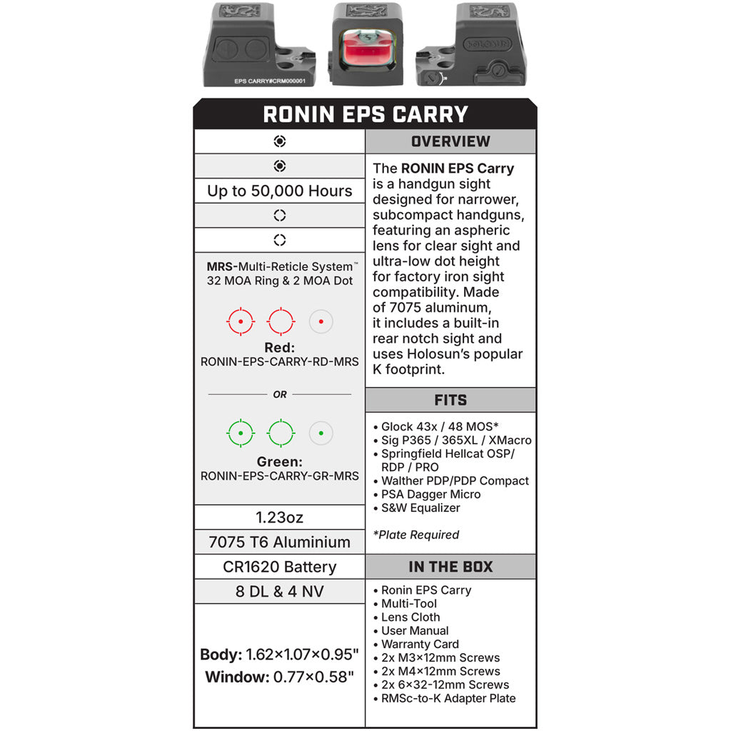 "Holosun Ronin EPS Carry MRS Enclosed Sight Red Multi-Reticle w/Solar, Shake Awake"