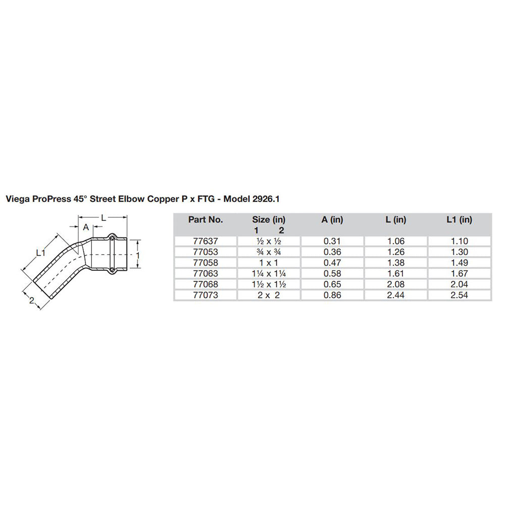 Viega ProPress 1-1/4" - 45° Copper Elbow - Street/Press Connection - Smart Connect Technology - image 2