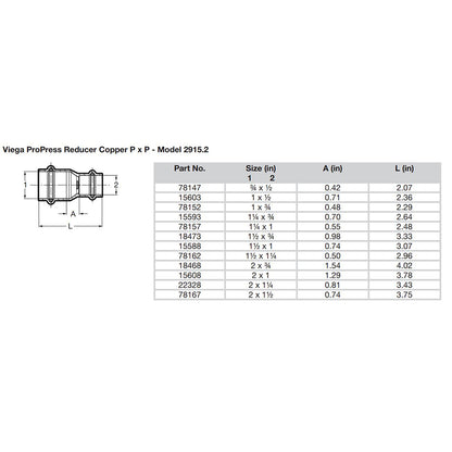 Viega ProPress 1-1/2" x 1" Copper Reducer - Double Press Connection - Smart Connect Technology - image 2
