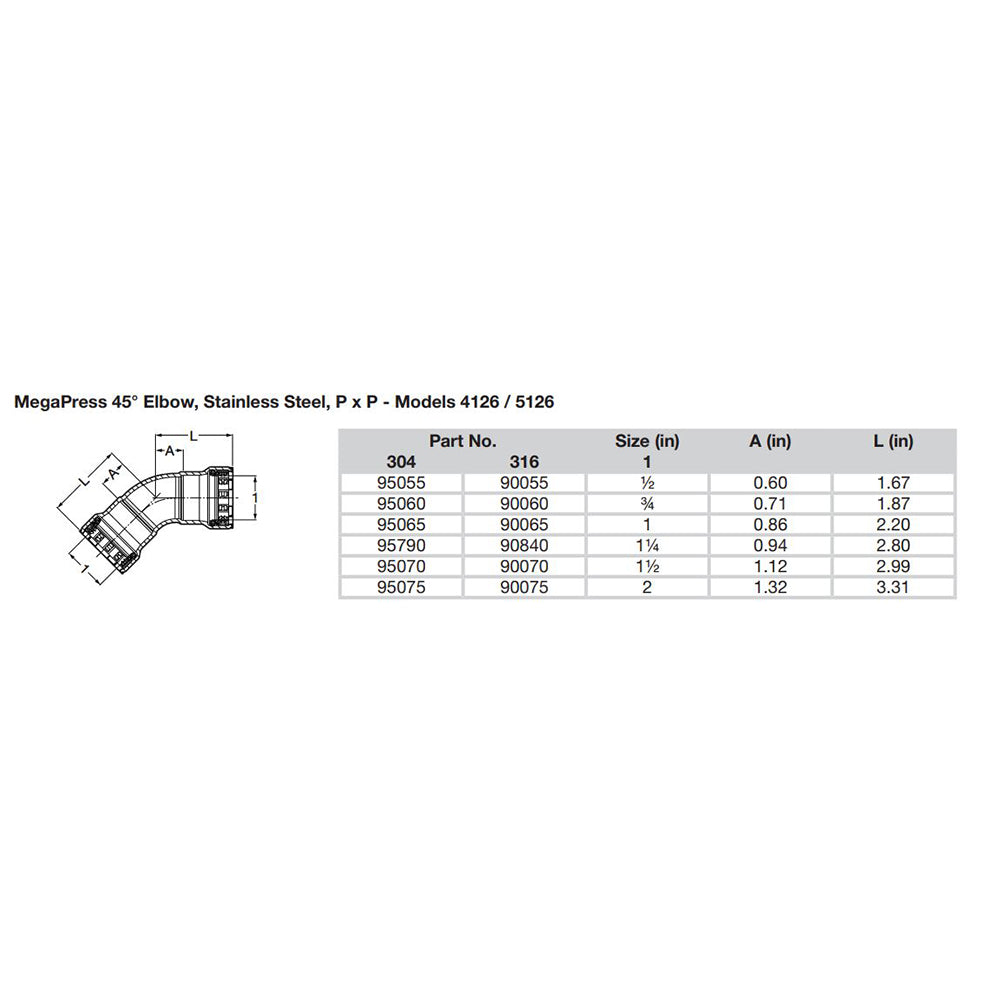 Viega MegaPress 2" 45° Stainless Steel 304 Elbow - Double Press Connection - Smart Connect Technology - image 2