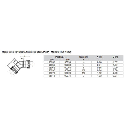 Viega MegaPress 2" 45° Stainless Steel 304 Elbow - Double Press Connection - Smart Connect Technology - image 2