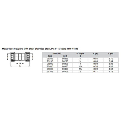 Viega MegaPress 1/2" Stainless Steel 304 Coupling w/Stop - Double Press Connection - Smart Connect Technology - image 2
