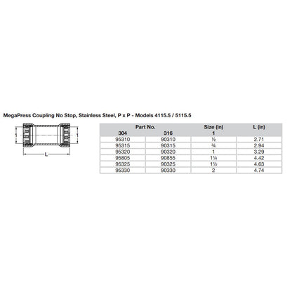 Viega MegaPress 1/2" Stainless Steel 304 Coupling w/o Stop - Double Press Connection - Smart Connect Technology - image 2