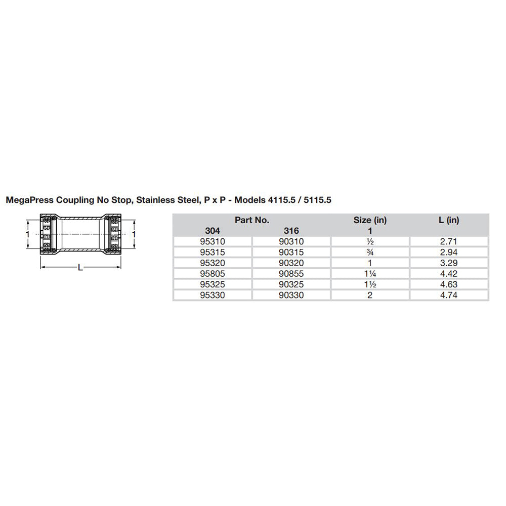 Viega MegaPress 3/4" Stainless Steel 304 Coupling w/o Stop - Double Press Connection - Smart Connect Technology - image 2