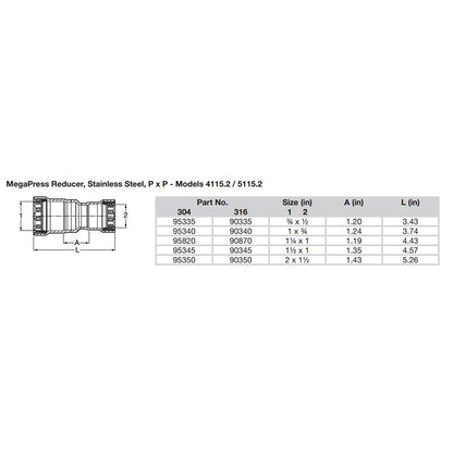 Viega MegaPress 1" x 3/4" Stainless Steel 304 Reducer - Double Press Connection - Smart Connect Technology - image 2