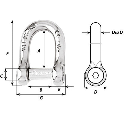 Wichard Self-Locking Allen Head Pin D Shackle - 6mm Diameter - 1/4" - image 2