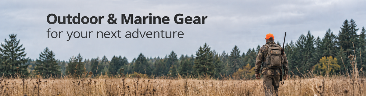 Outdoor and marine gear promotional banner showing a person in camouflage walking through a grassy field with trees in the background under an overcast sky, with the text 'Outdoor & Marine Gear for your next adventure' on the left.